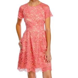 Vince Camuto Pink Floral Lace Fit & Flare Dress Sz 8 Nude Lining Pockets Elegant